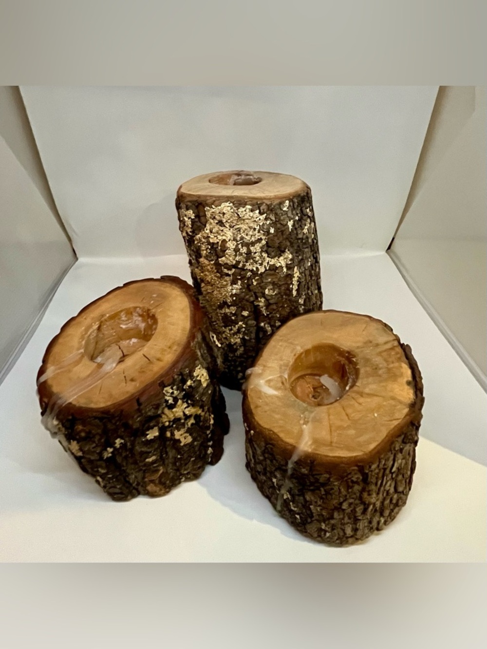 Handmade Rustic Wood Log Candle Holders Set of 3 Natural
